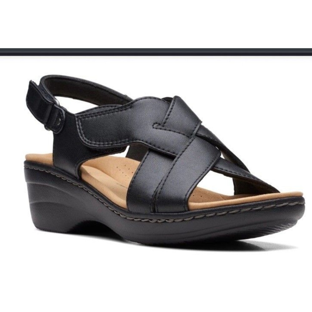 🔥Clarks Merliah Echo Women's Sandals Size 10W Black Leather Strappy Wedge -NEW